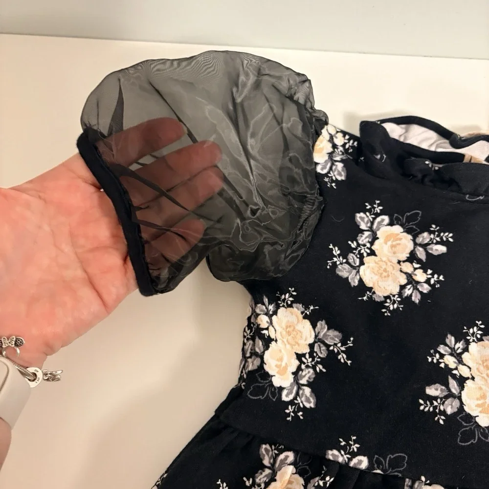Janie and Jack Black Floral Puff Sleeve Ponte Dress Sz 3 Wedding